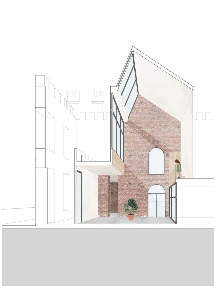 an architectural drawing of a brick building with windows and plants on the outside, in front of a white background