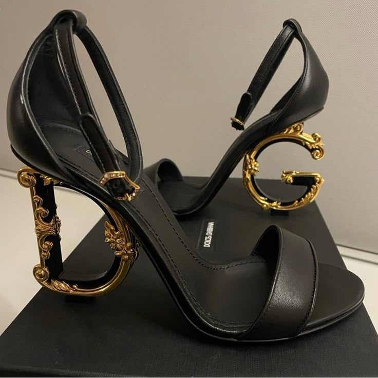 Brand New In Box - Size 38 Authentic Dolce And Gabbana Heeled Strappy Sandal / Pumps Never Worn With Beautiful D And G Forming The Heel Portion Of The Shoe. I Wish I Could Keep Them But They Are Too Big For Me :( I Hope They Will Go To Someone Soon So They Can Be Worn And Enjoyed! D&g Shoes, Brown Designer Heels, Cute Designer Shoes, Luxury Round Toe Heels For Gala, Dg Heels, Trendy Shoes For Women High Heels, Black Designer Heels, Dolce Gabbana Aesthetic, Elegant Heels Classy