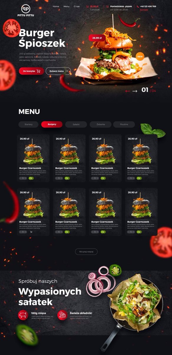 the website design for burgers is shown in red, black and green colors with an image