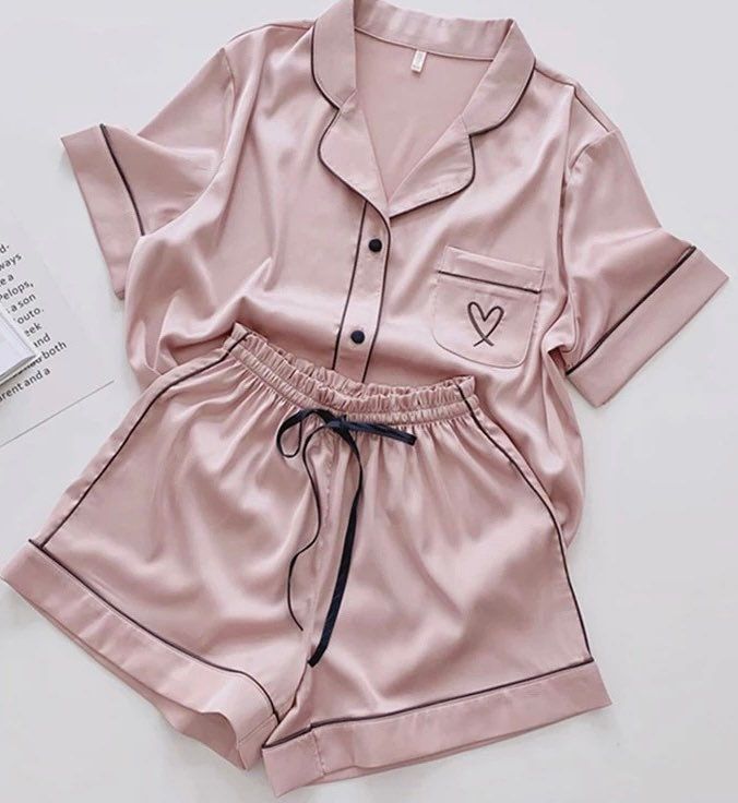 Pijama Satin, Embroidered Pajamas, Silk Pjs, Two Piece Sets Summer, Satin Nightwear, Pyjama Satin, Silk Pajamas Women, Cute Pjs, Cute Pajama Sets