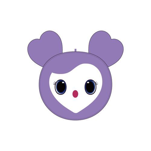 a purple and white bear with big ears on it's head is shown in the shape of a heart