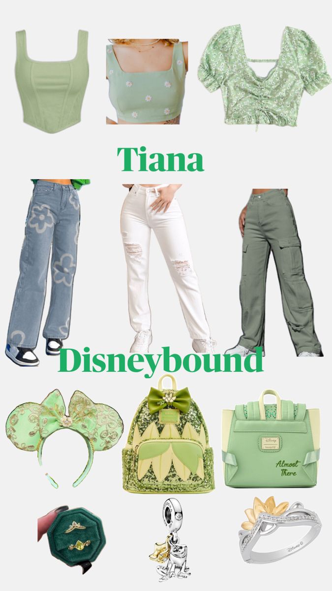 there are many different types of clothing and accessories on this page with the words tiara, disney bound