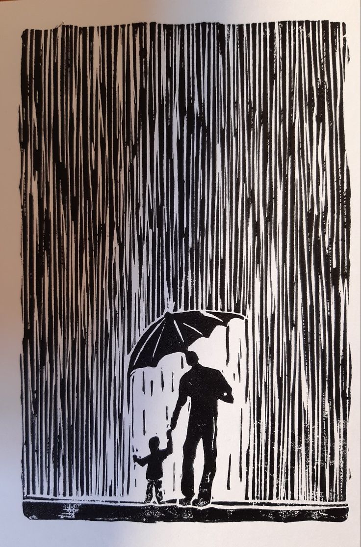 a drawing of a man and child holding an umbrella in the rain