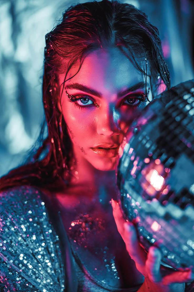 a woman holding a disco ball in front of her face