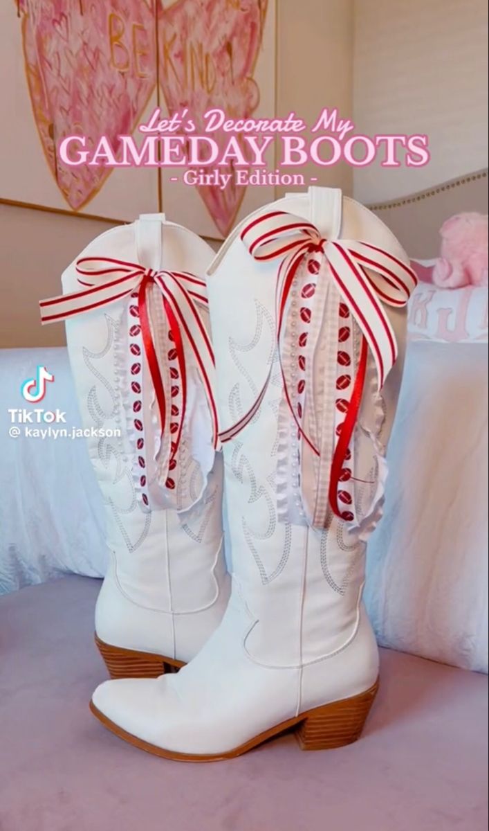 White College Football Game Outfit, Preppy Alabama Outfits, Game Day Cowboy Boots, White Out College Football Game, Cowgirl Boots Colorful, Red White Game Day Outfit, Game Day Boots Ribbon, Gameday Outfit Maroon, Cowboy Boots Gameday Outfit