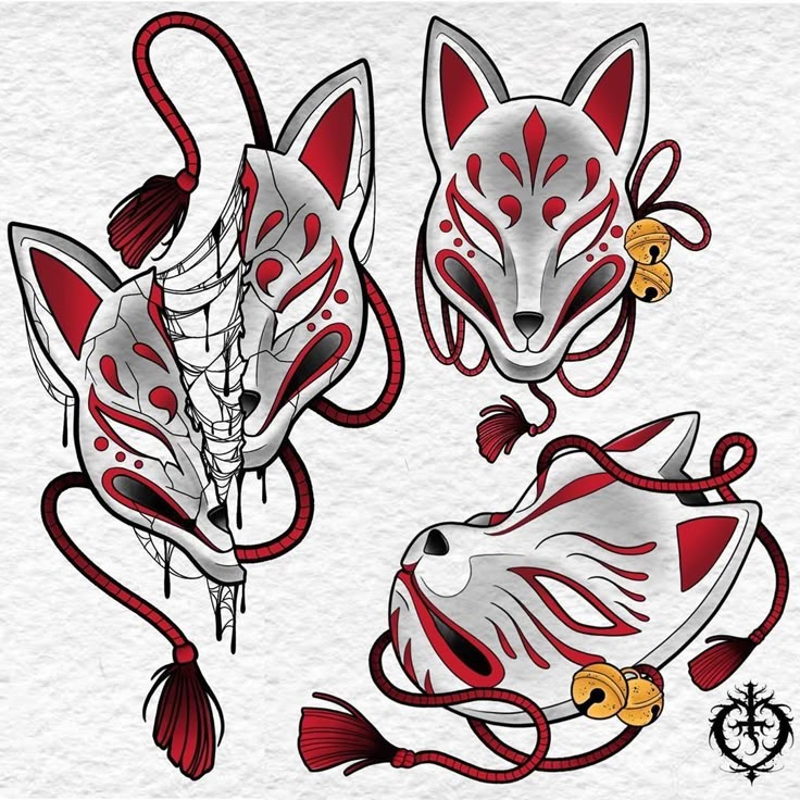 two red and white masks with tassels on their heads, one has a tail