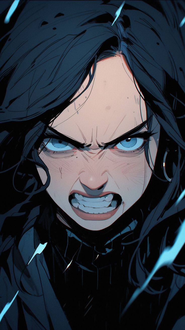 an evil looking woman with blue eyes and black hair