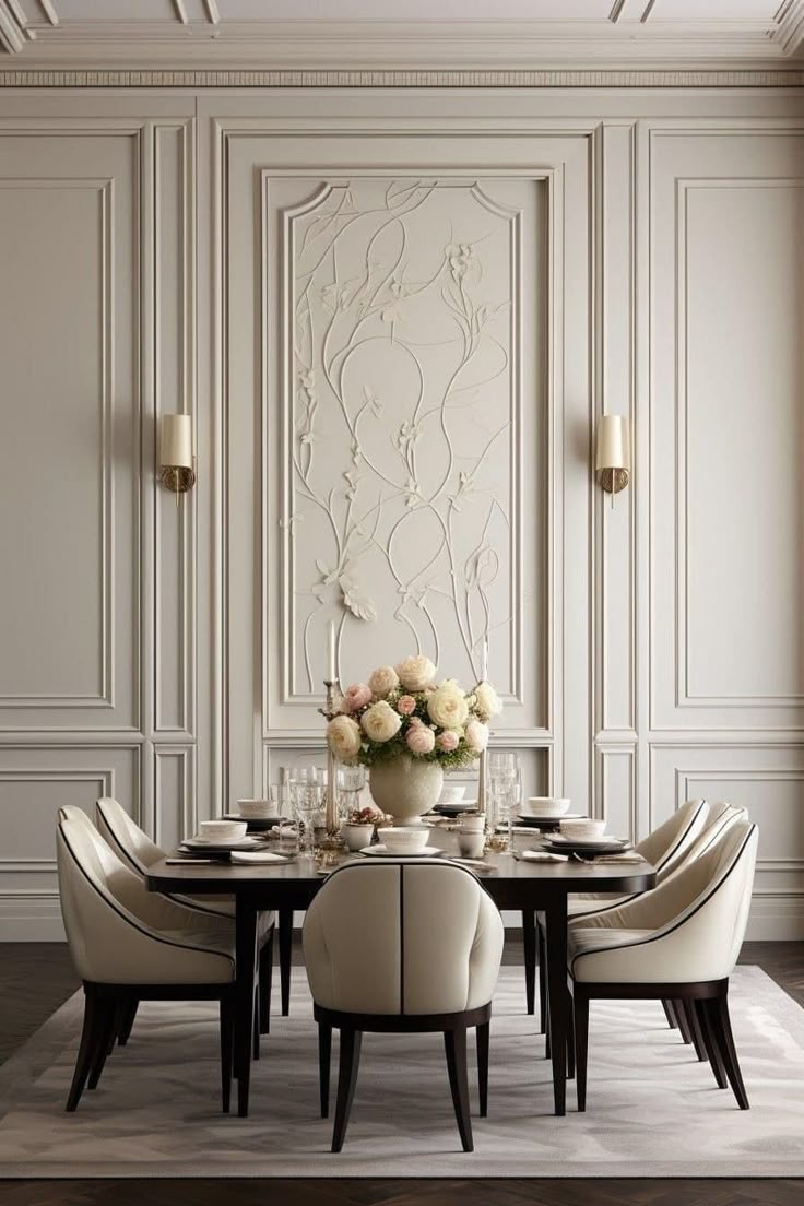 an elegant dining room with white walls and beige chairs, a round table surrounded by vases filled with flowers