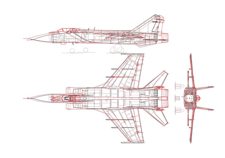 an airplane is shown in three different views, including the front and back sides with red lines