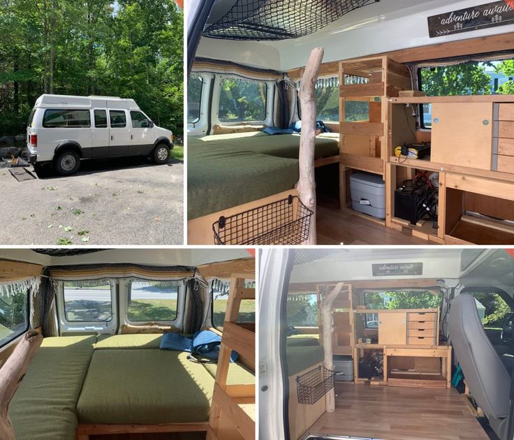 the interior and exterior of a camper van with bunk beds, desks, and television