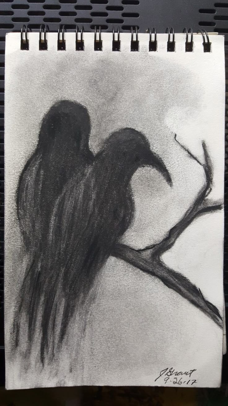 a drawing of two black birds sitting on a tree branch with their beaks touching each other