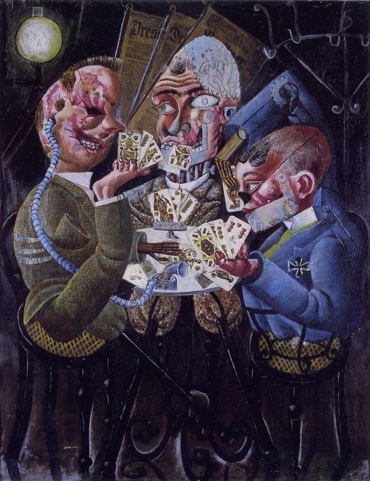 a painting of three men playing cards with each other in front of a clock on the wall