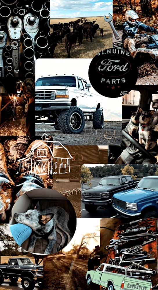 a collage of pictures with cars, trucks and other things in it's center