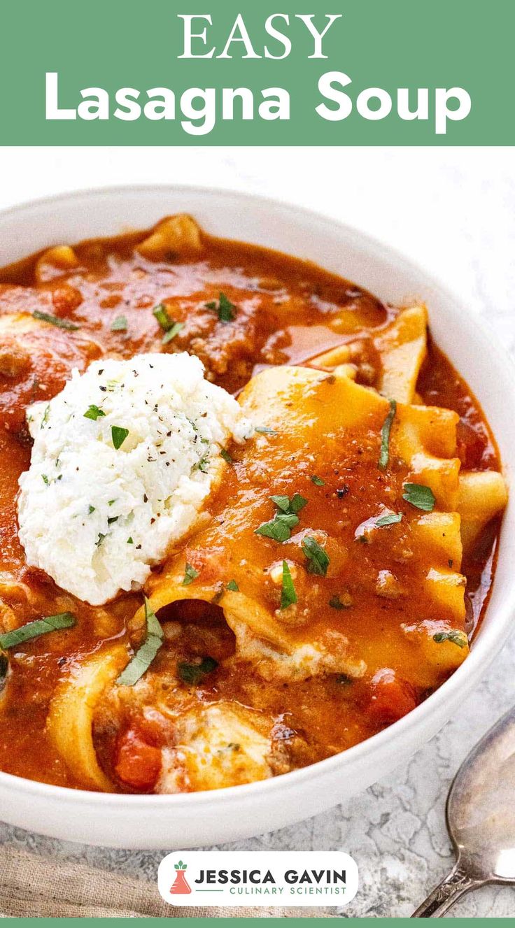 an easy lasagna soup in a white bowl