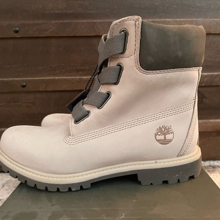 Timberland Nubuck Light Taupe Boots. Heavy Tread Sole. Cinch Wide Elastic Laces. New In Box. Never Worn Taupe Boots, Timberlands Shoes, Timberlands Women, Timberland Shoes, Elastic Laces, Bootie Boots, Ankle Boots, Size 7, Women Shoes