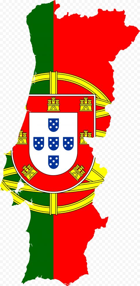 the flag and coat of arms of portugal overlaid on an outline of the country's map