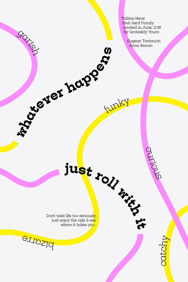 an image of a poster with different words in the shape of curved yellow and pink lines