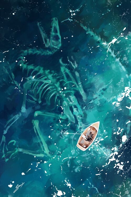 a boat floating on top of a body of water next to a skeleton in the ocean