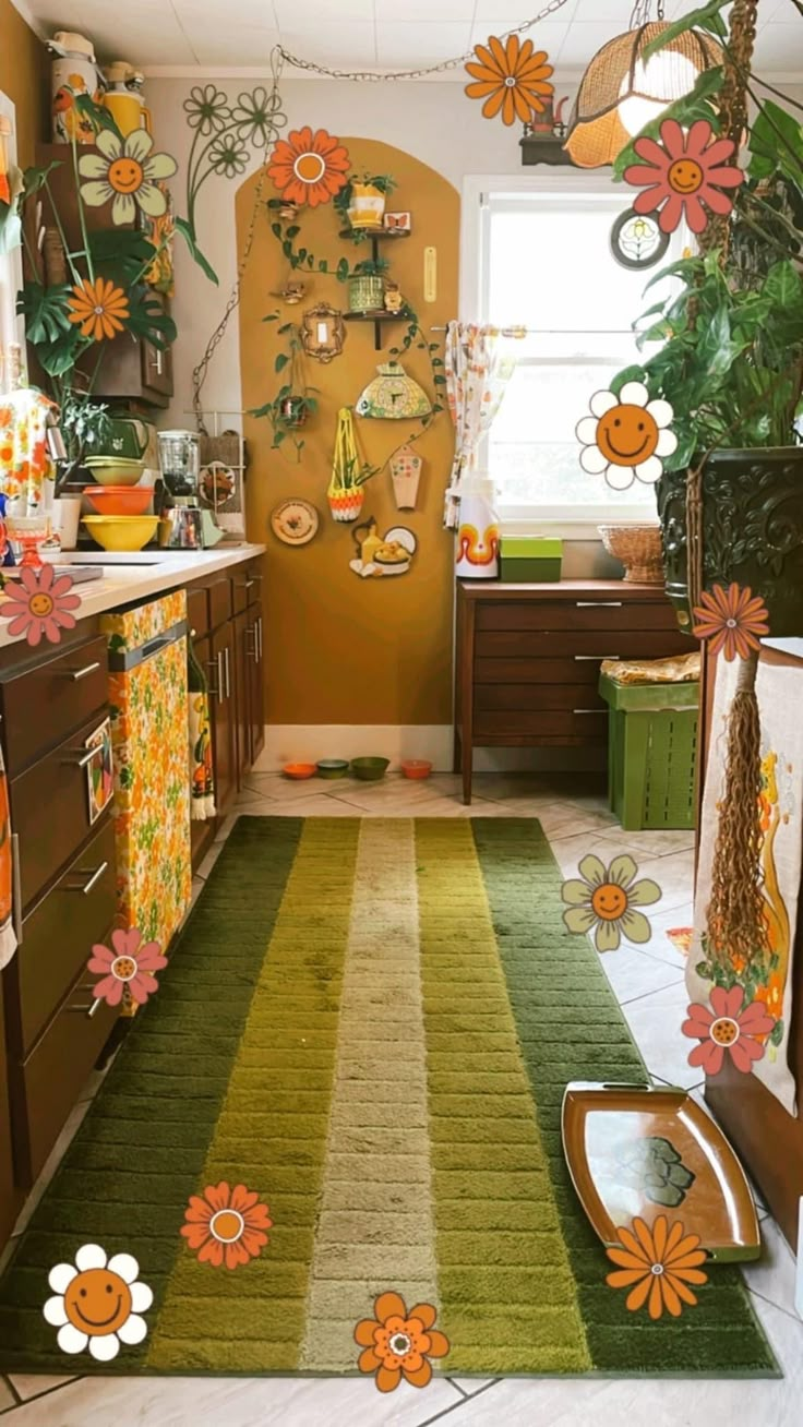 a kitchen with flowers painted on the walls and rugs in the floor, along with potted plants