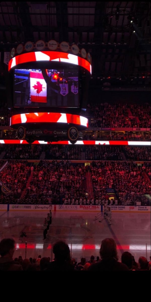 an ice hockey game is being played on the big screen