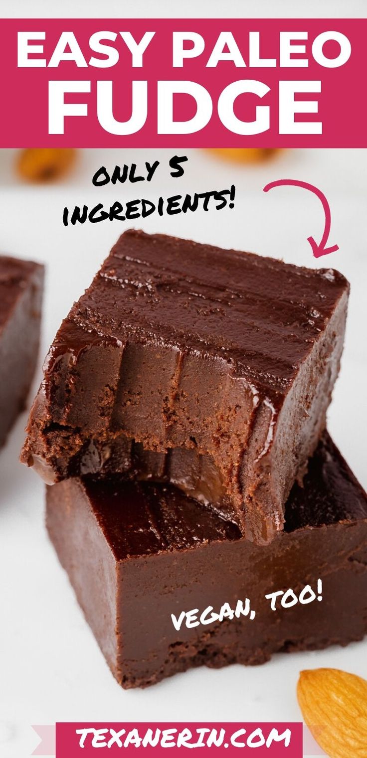 two pieces of chocolate fudge on top of each other with the words vegan too