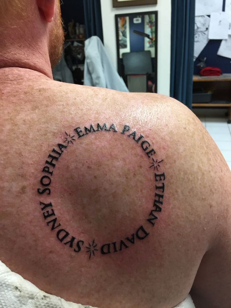 the back of a man's shoulder with an inscription on it that reads,