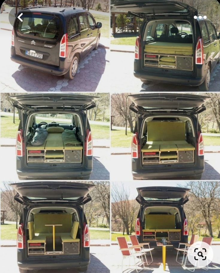 four different pictures of the back of a van with its doors open and seats folded down