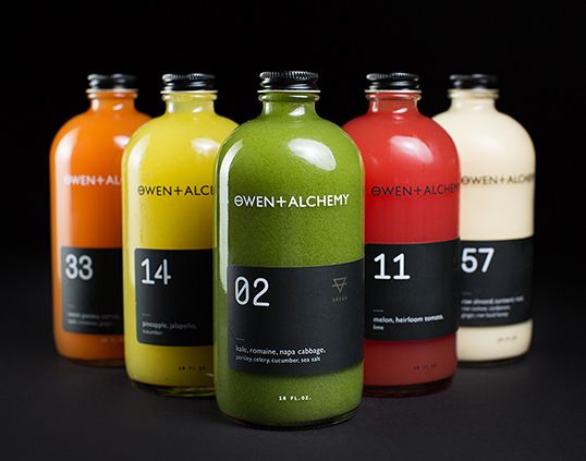 six bottles of different colored juices on a black background with the number thirteen seven