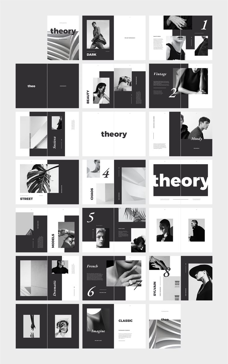 an array of black and white images with the words theory on them, all arranged in squares