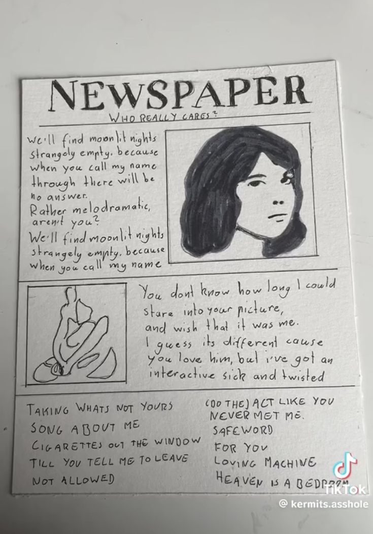 a newspaper paper with a drawing of a woman's face