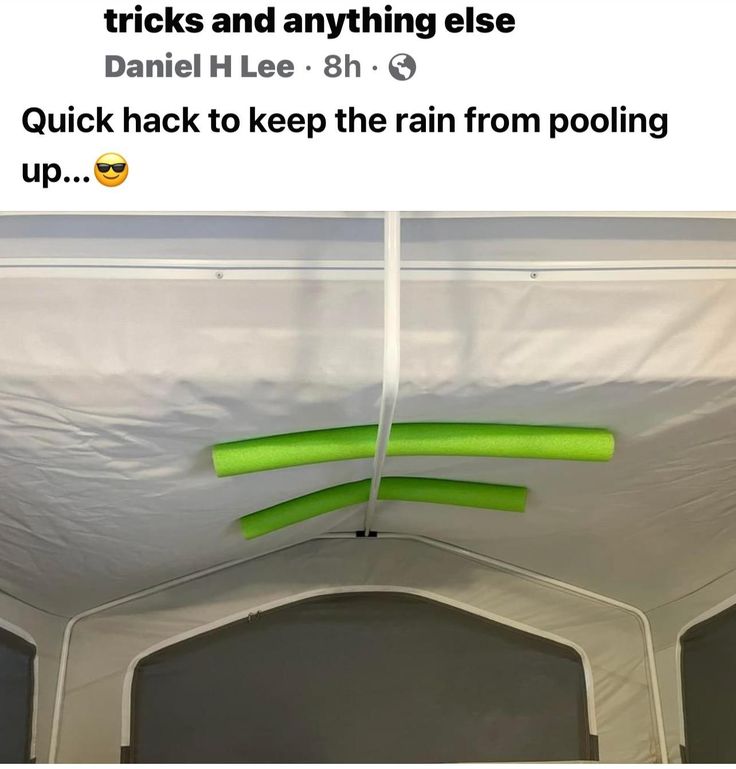 the inside of a tent with green sticks sticking out of it's ceiling and text that reads, tricks and anything else daniel lee 3h quick hack to keep the rain from