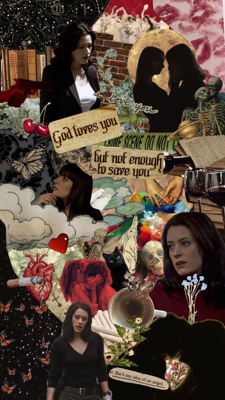 the collage is made up of many different images and words, including two women