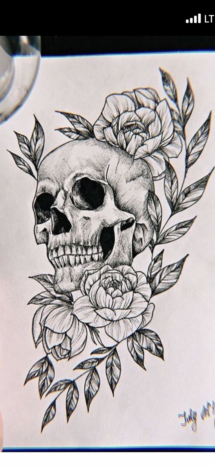 a drawing of a skull with roses on it