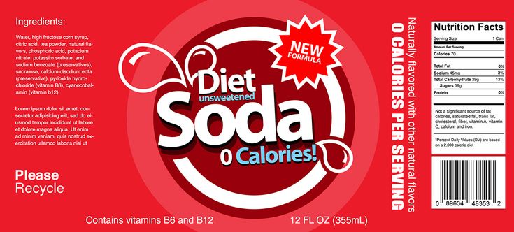 the label for diet soda cola caloriess, which is also available in other countries