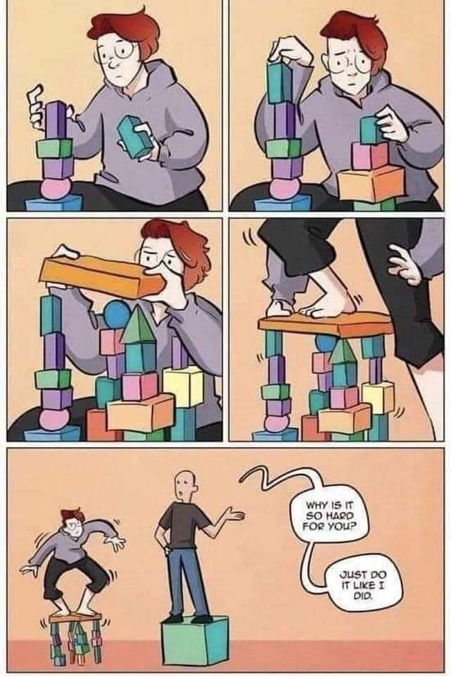 a comic strip with an image of a man building blocks on top of each other