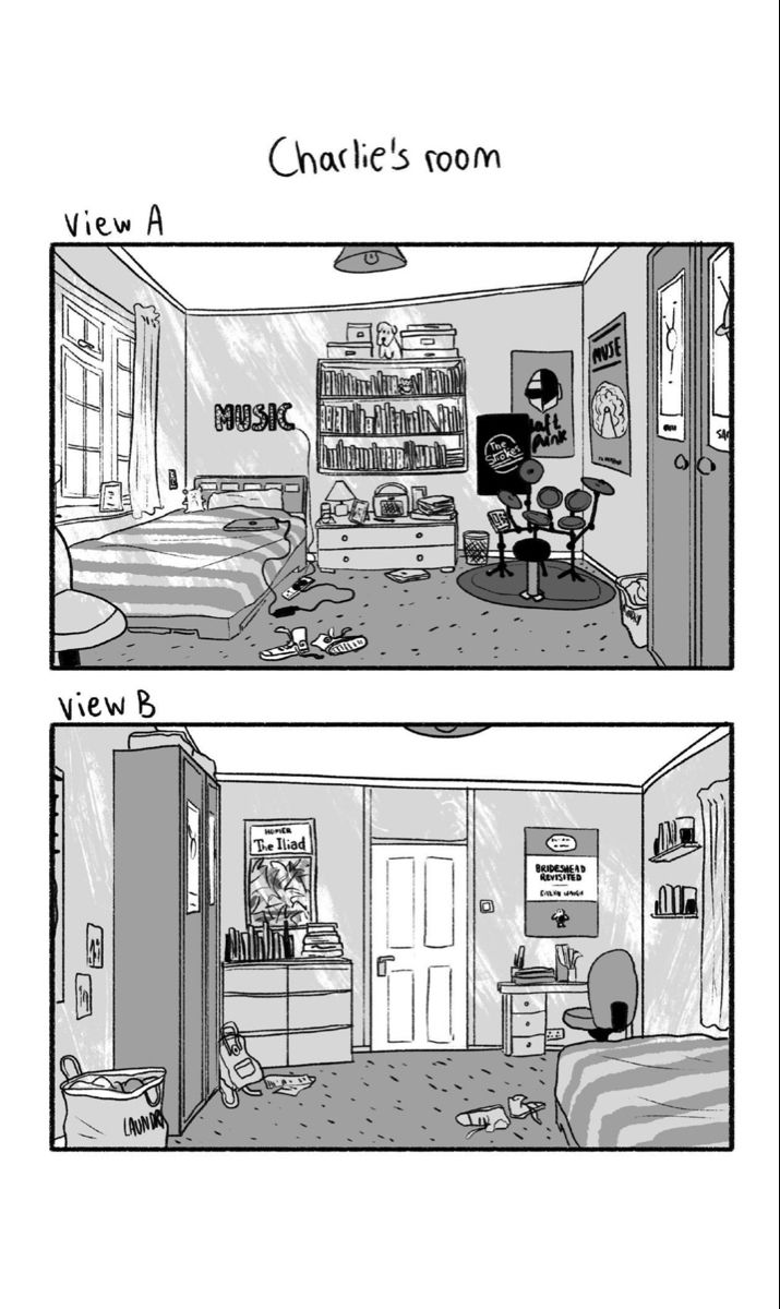 two pictures of a room with furniture and bookshelves in each section, one is black and white the other is colorless