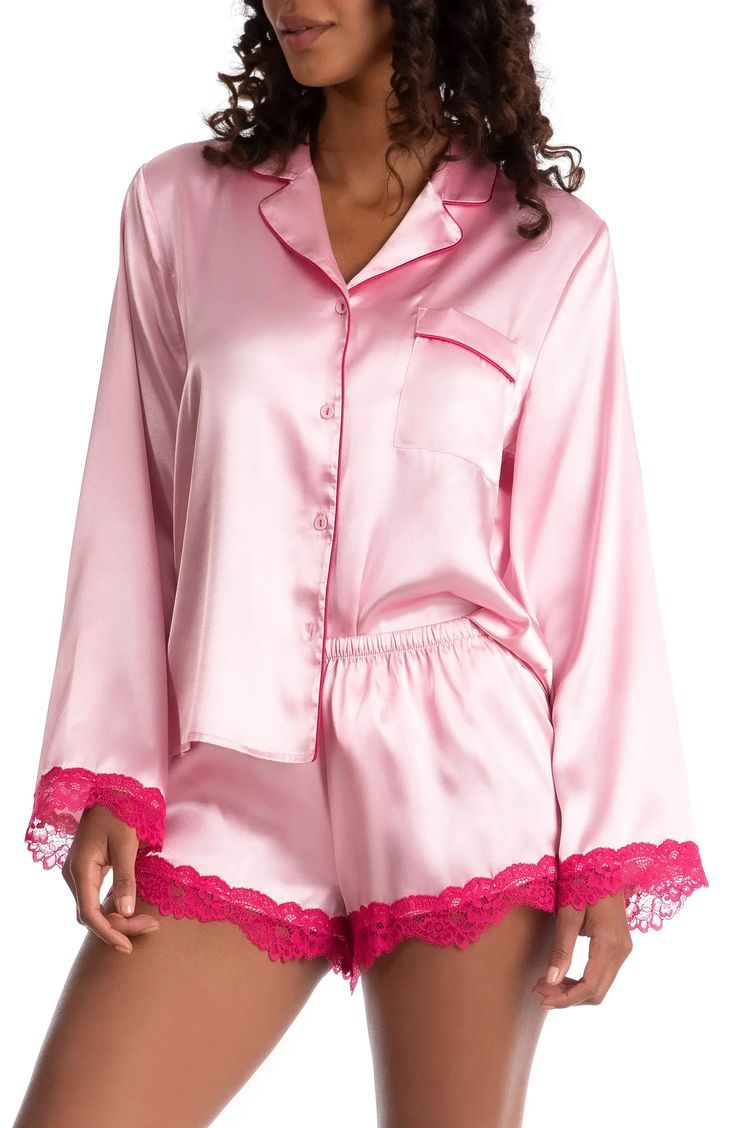 In Bloom by Jonquil Felicity Lace Trim Long Sleeve Satin Shorts Pajamas | Nordstrom Button Down Sleep Shirt, In Bloom By Jonquil, Satin Pj Set, Satin Pajama Set, Satin Sleepwear, Satin Pajama, Pink Pajamas, Satin Shorts, Collared Top