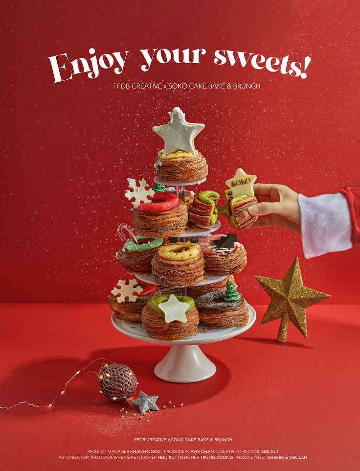 an advertisement for donuts and cookies on a red background with the caption enjoy your sweets