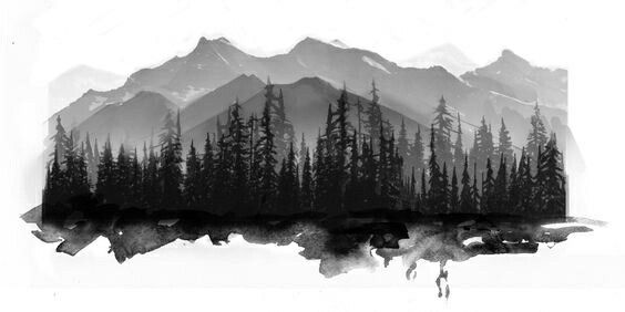 a black and white photo of trees in the mountains with watercolors on paper