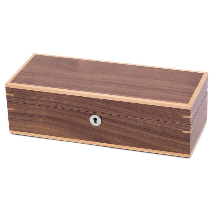 Smooth walnut veneer, solid silver-toned hardware, and a plush velvet interior make this watch box a keepsake. The medium-density fiberboard and the light wooden detailing on the exterior add durability and an attractive decorative look. The interior is velvet lined and cushioned. It contains 5 slots and a pocket inside the lid for additional storage. A metal lock and key are intended for your peace of mind. Keep your watches safe and add a little glamour to your wardrobe with this delightful bo Luxury Watch Box, Rolex Watch Box, Wood Watch Box, Engraved Watch, Wooden Watch Box, Watch Safes, Mens Watch Box, Firewood Storage, Diy Upcycling