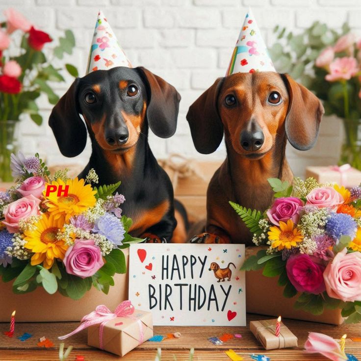 two dachshunds wearing birthday hats sit in front of a happy birthday sign