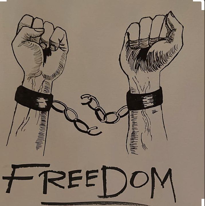 a drawing of two hands chained to each other with the words freedom written on them