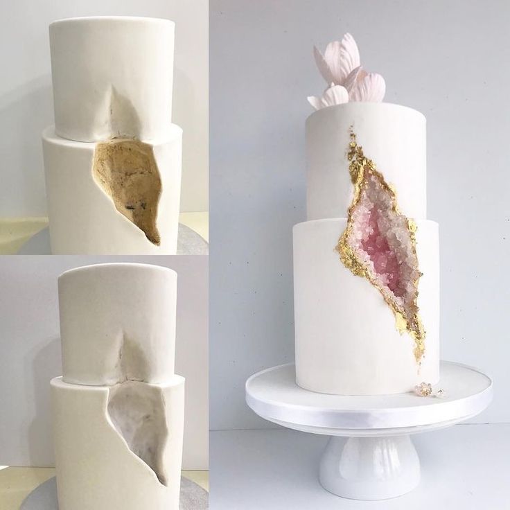 three different views of a white cake with gold leaf decorations