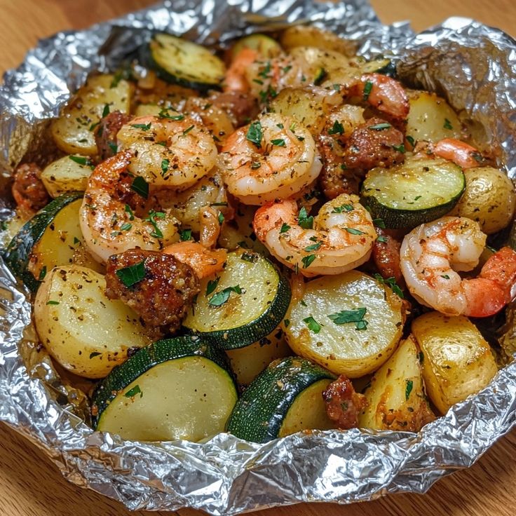 a pan filled with shrimp and zucchini covered in tin foil on top of a wooden table