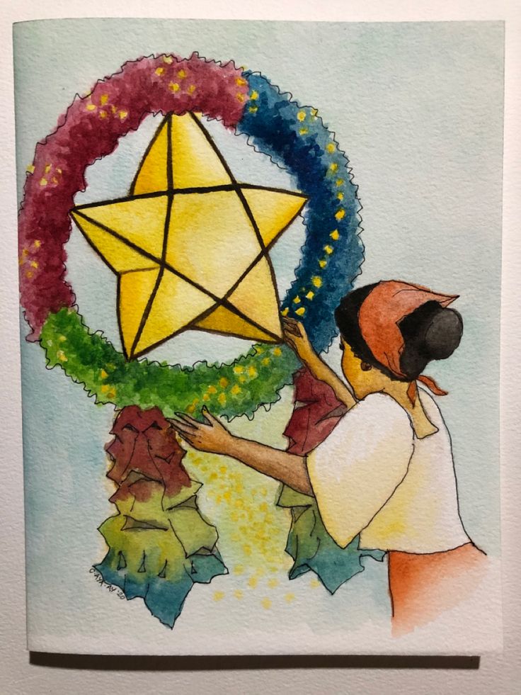 a watercolor painting of a person holding a star in front of a colorful wreath