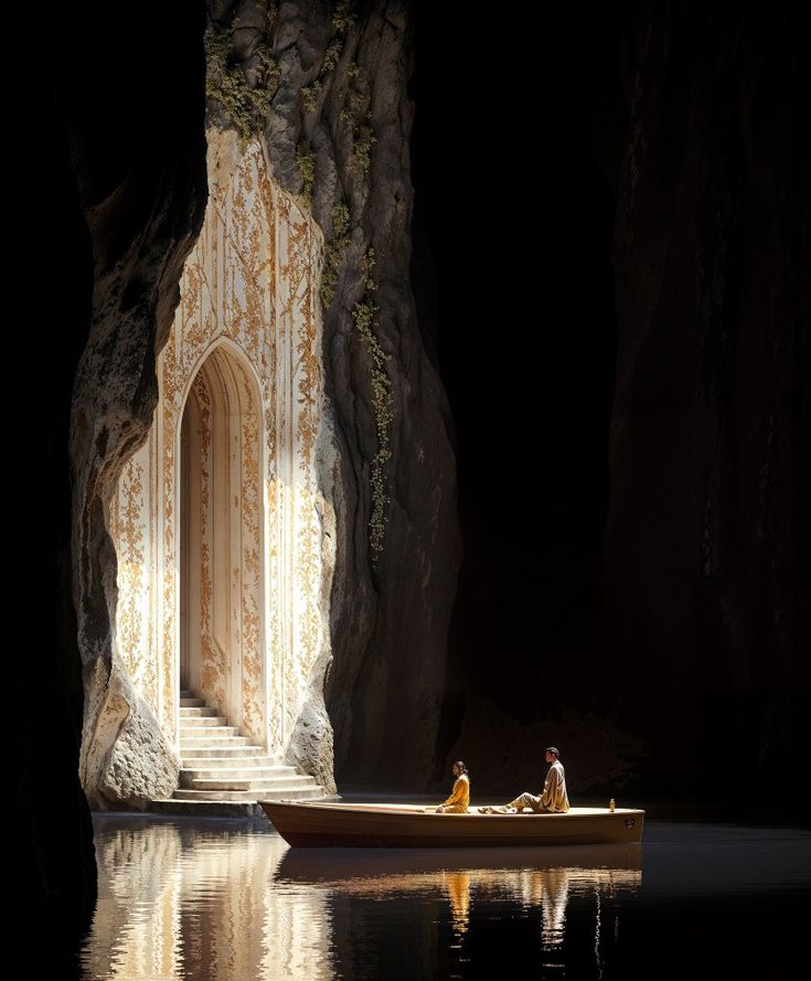 two people in a small boat on a body of water near a cave like structure