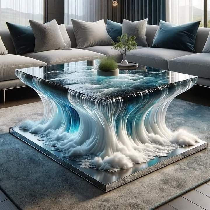 a living room with couches and a glass coffee table in the shape of an ocean wave