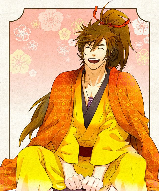 an anime character sitting on top of a bed wearing a yellow kimono and smiling