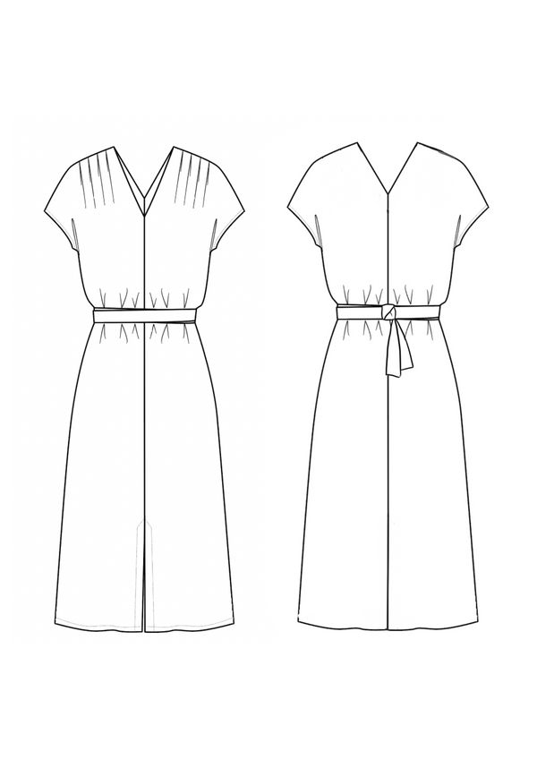 the front and back views of a women's dress with short sleeves, belted waist