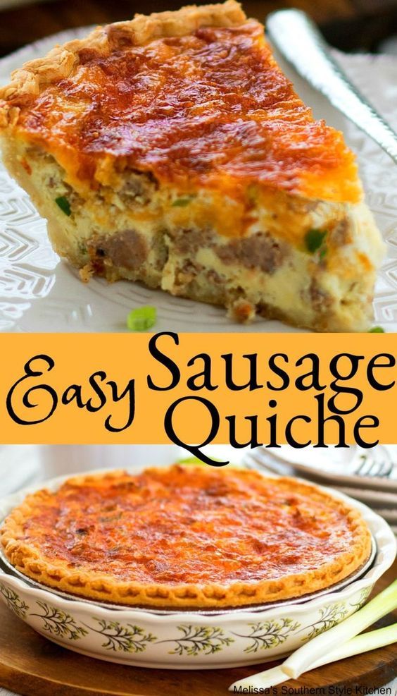 an easy sausage quiche recipe with cheese on top and the title overlay reads, easy sausage quiche